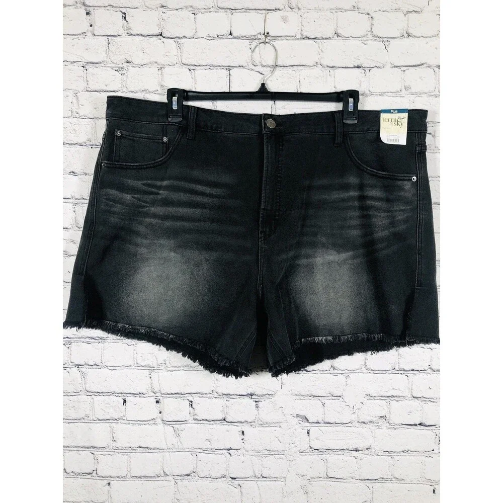 Terra & Sky Women High Rise Denim Shorts Frayed Hem Faded Black 24W‎ NWT
